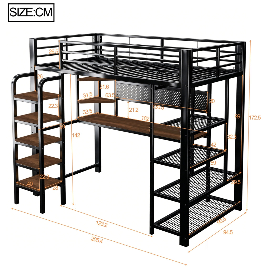 DESMIU Letto a soppalco 90 × 200 cm 1 piazza con scrivania, LED, prese e ripiani, senza materasso, in metallo, nero