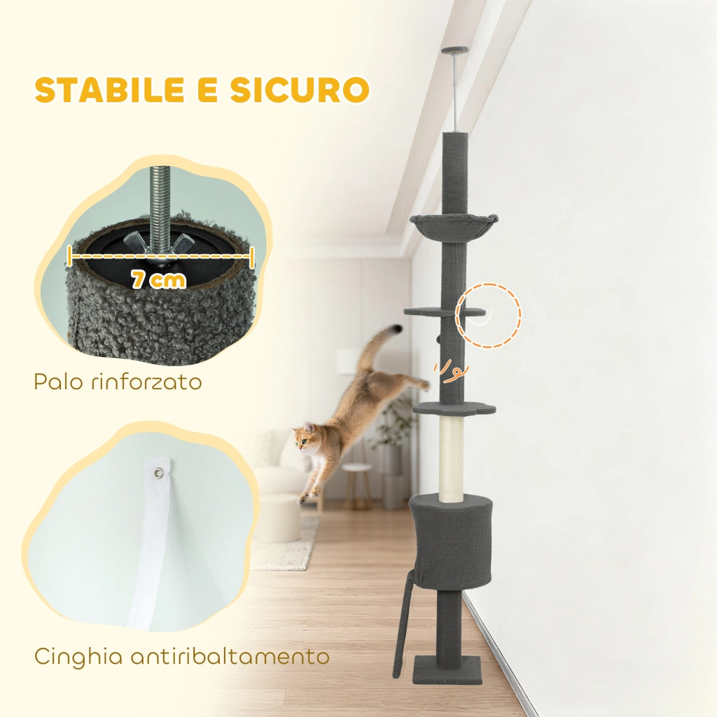 Albero per Gatti a Soffitto Alto con Casetta, Amaca e Piattaforme ¨C zephmum ¨C Grigio, 220-240 cm