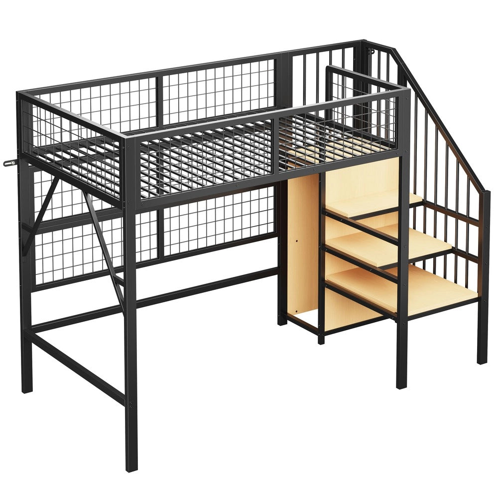 Letto a Soppalco con Scala Contenitore e LED ¨C MINIMAL ¨C Metallo Nero 90x200