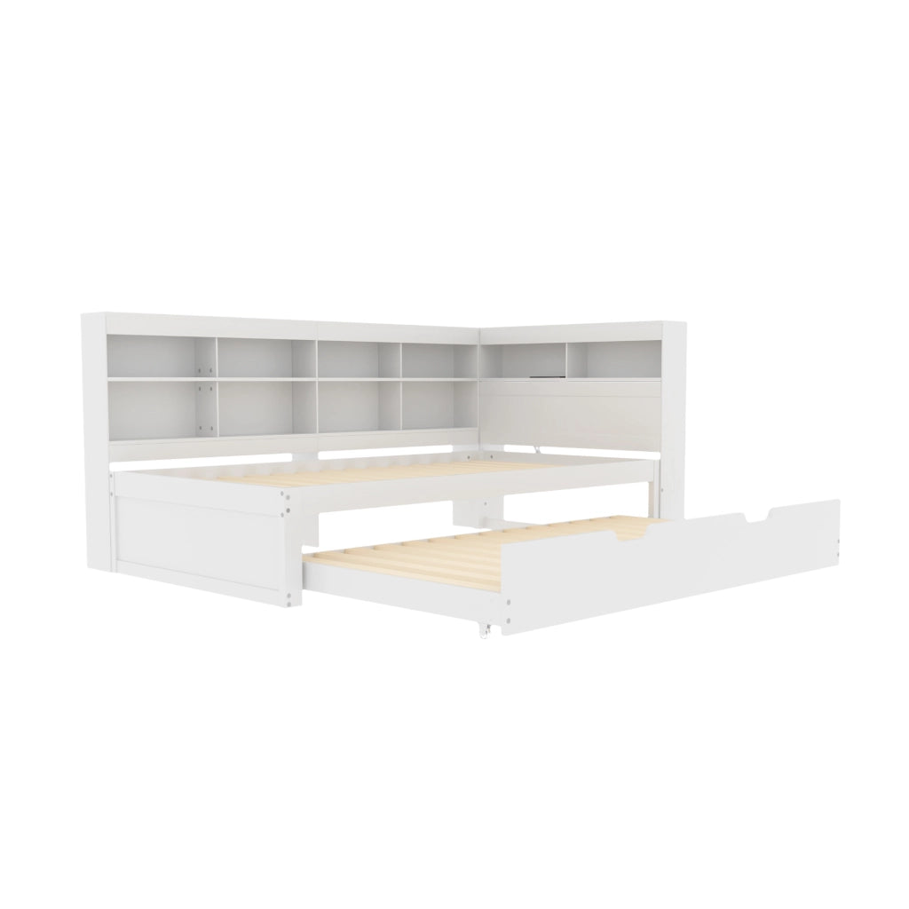 OKWISH Letto estraibile 90×200 cm, Letto Singolo con USB, vani contenitore e mensole, 90×190 cm, senza Materasso, in Legno, Bianco