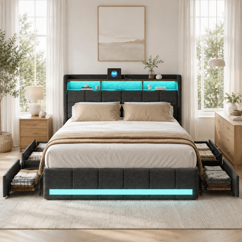 Letto matrimoniale 160x200 cm tessuto grigio, testiera contenitore con ricarica USB e USB-C, LED RGB APP telecomando, 4 cassetti estraibili
