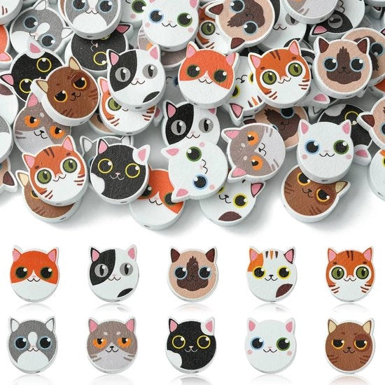 Collane per gatti con testa di gatto in legno - 100 pezzi - 10 stili - 20 mm - disegni divertenti