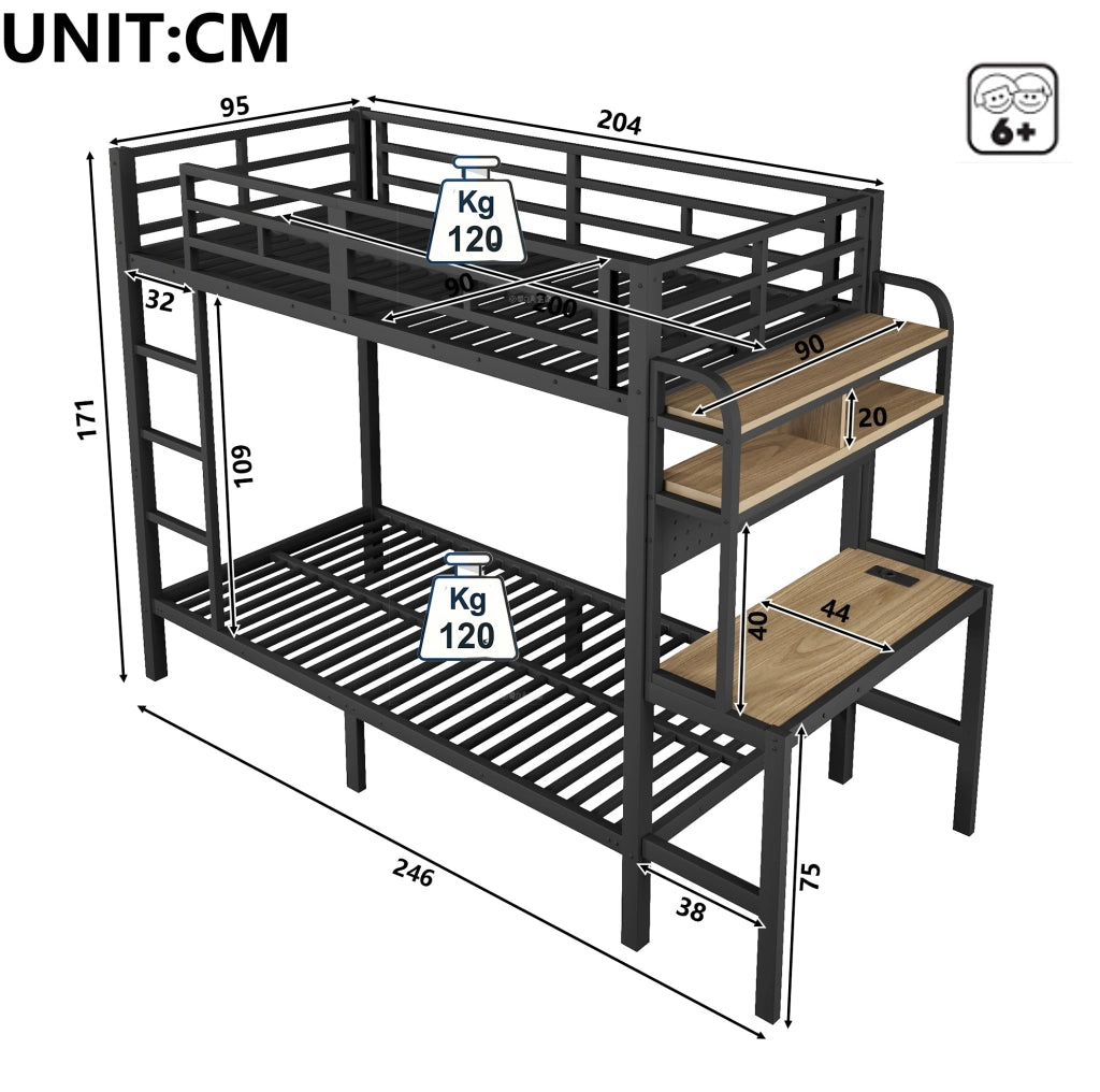 Letto a castello 90x200 cm con scrivania, ripiani, LED e USB