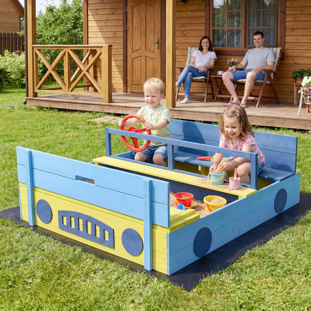 Sabbiera per bambini in legno di abete senza fondo, Sandbox per bambini a forma di macchina con volante rotante