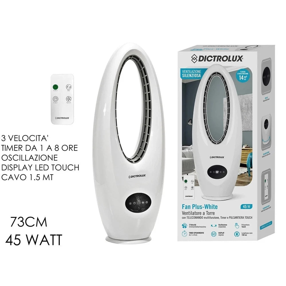 Trade Shop - Ventilatore A Torre Senza Pale Fan Plus-white 45 W Silenzioso 3 Velocità Display Led -