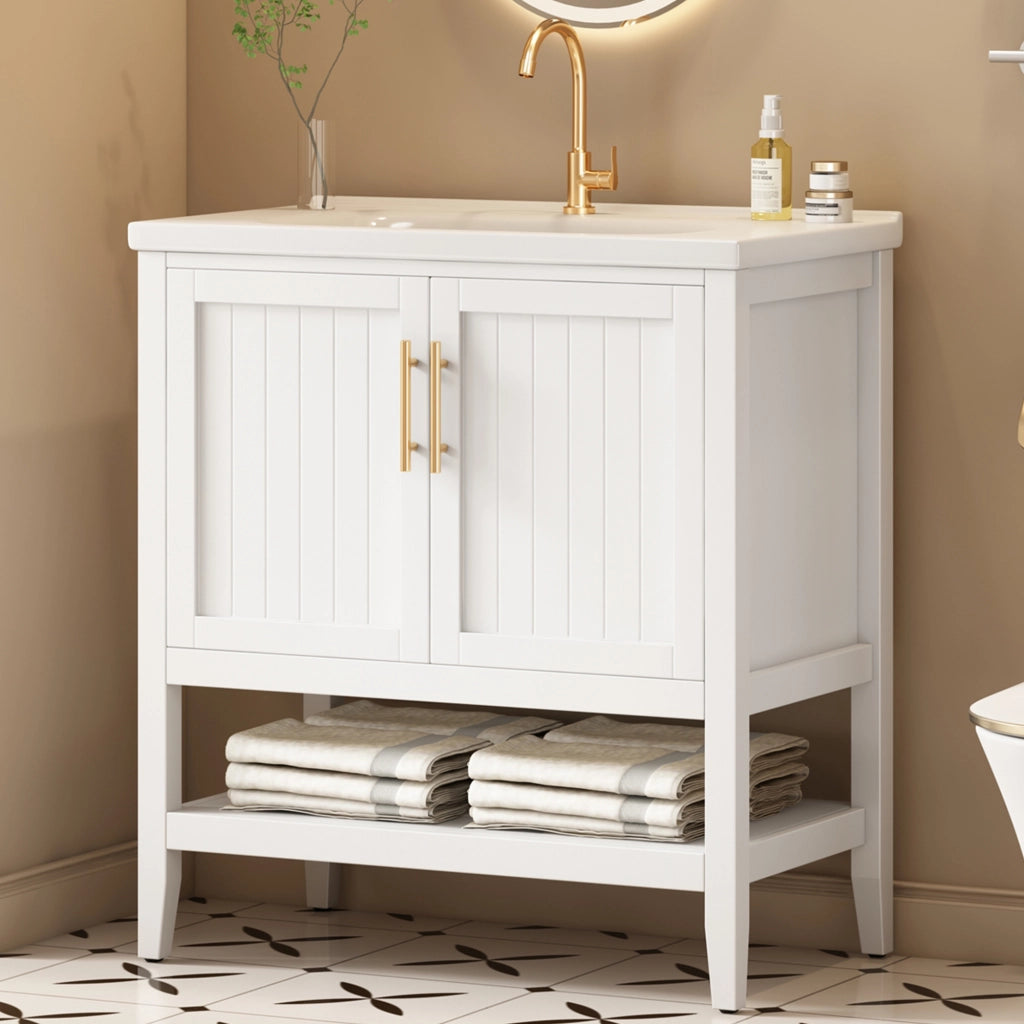 LAVABO DA BAGNO con mobiletto, ceramica bianca e MDF, Set 2 pezzi