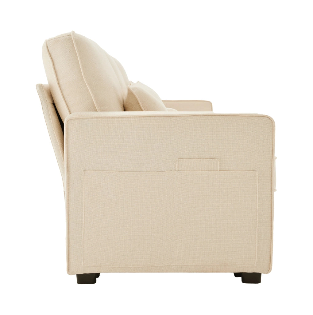 Divano 4 posti 290x83x88 cm con porta USB; 2 portabicchieri e tasche laterali in tessuto lino beige