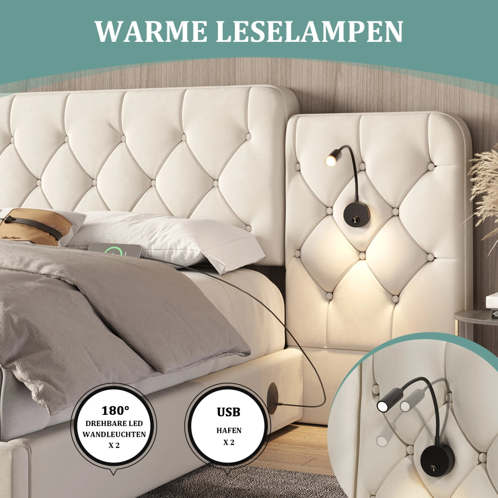 Letto contenitore matrimoniale 160×200 cm con USB; luci da lettura e materasso non incluso; velluto beige