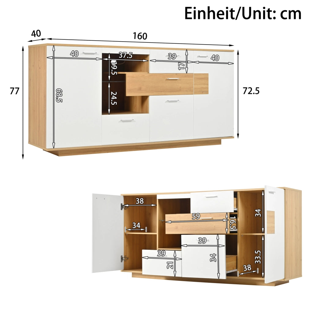 Sideboard moderno 160x40x77 cm con LED; 2 ante; 4 cassetti; MDF; legno e bianco