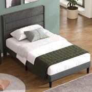 OKWISH Letto Singolo 90×200 cm con Testiera Imbottita e Doghe, senza Materasso, in Lino - Grigio Scuro