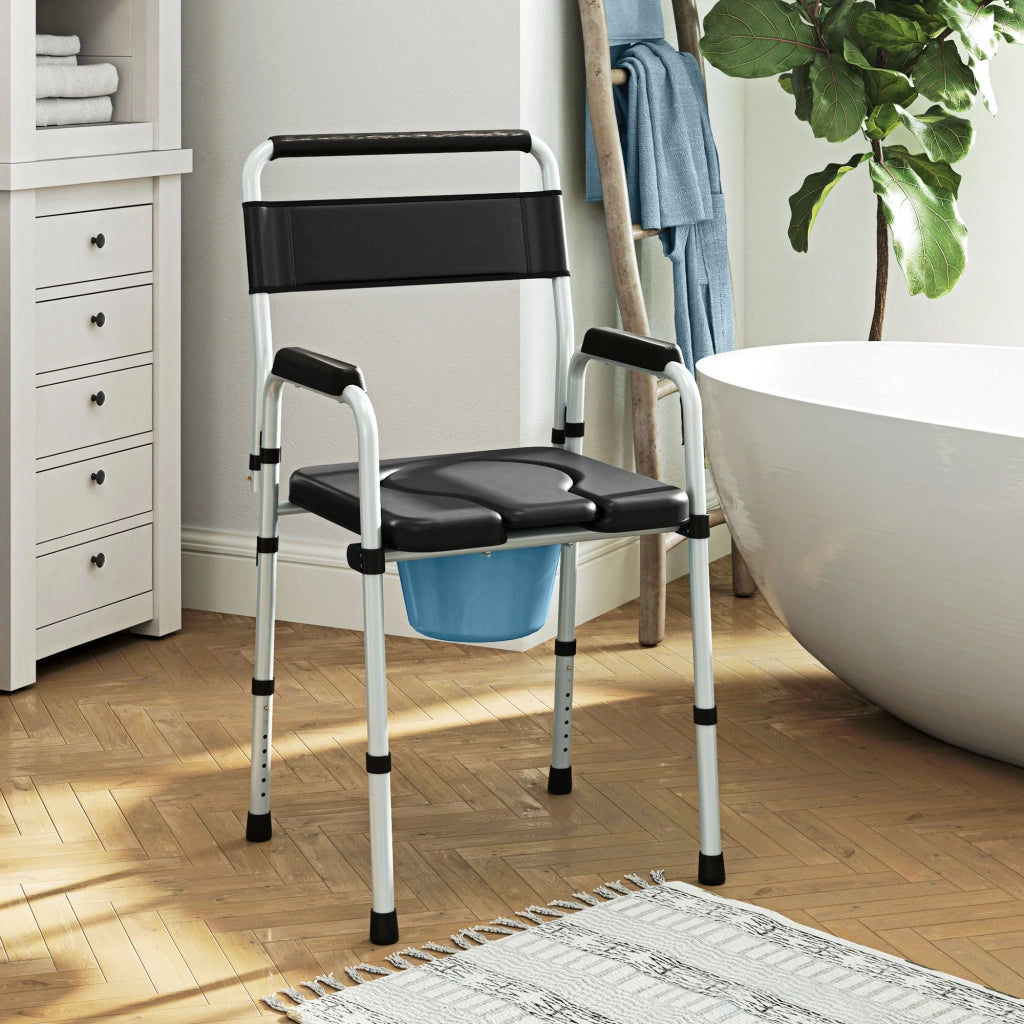 Sedia WC Pieghevole con Braccioli e Schienale ¨C Xylo ¨C Acciaio e Pelle PU Nero 52.5x46x81.5-97cm