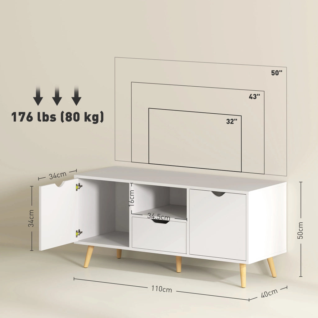 Mobile TV con Cassetto, Ripiani Aperti e Armadietti ¨C zephmum ¨C 110x40x50 cm, Bianco e Legno