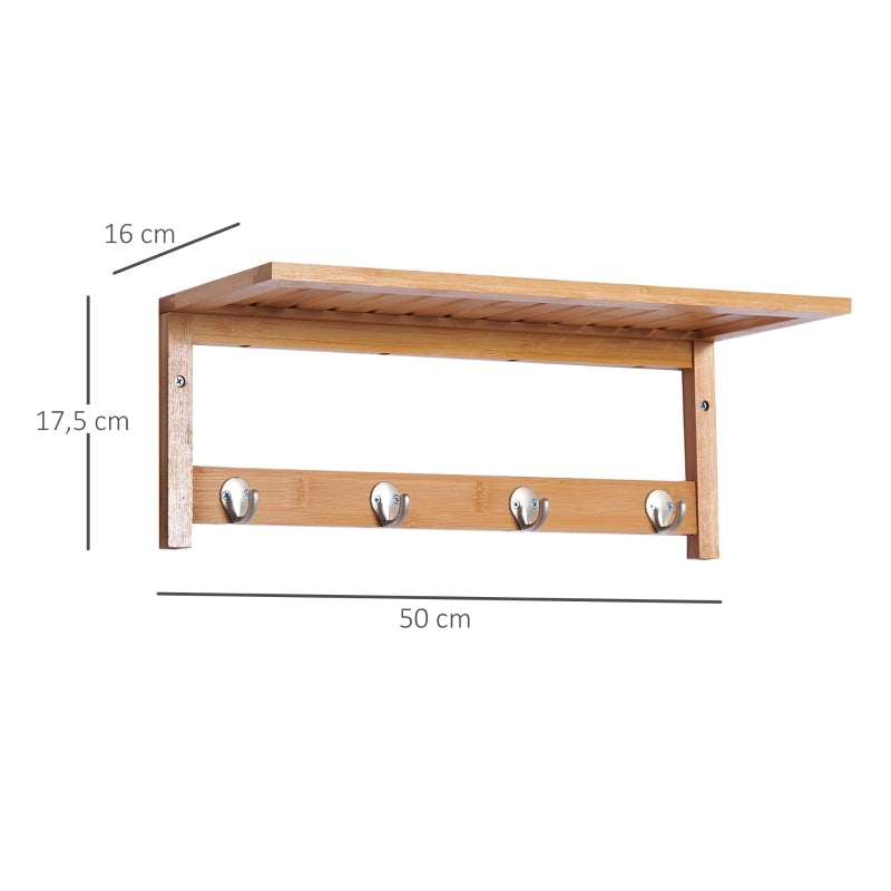 Appendiabiti da parete con ganci, salvaspazio, portata 5 kg, 50 x 16 x 17,5 cm, legno naturale