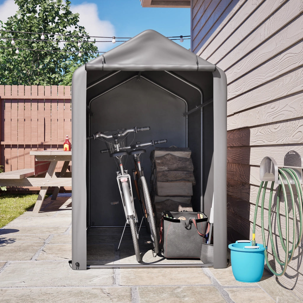 Garage per bici 187x100x160 cm con struttura in acciaio verniciato nero e telo PE impermeabile grigio scuro