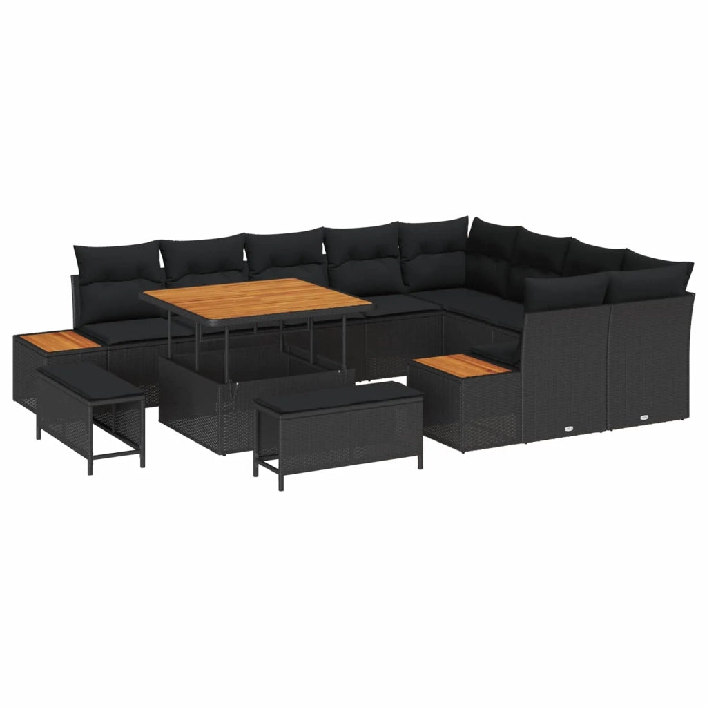 Set Divano da Giardino con cuscino 12 pcs Nero Poly Rattan