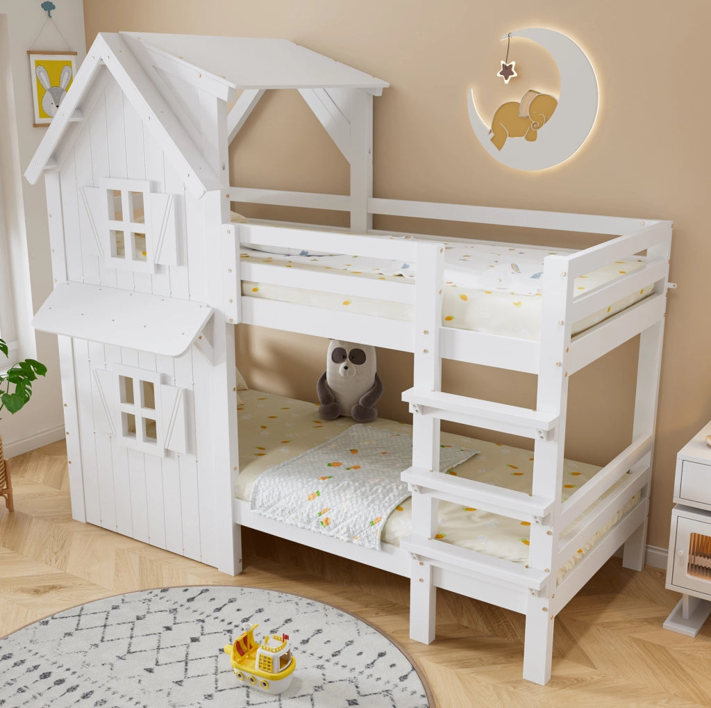 Letto a castello per bambini 90x200 cm con finestre, tetto e scala