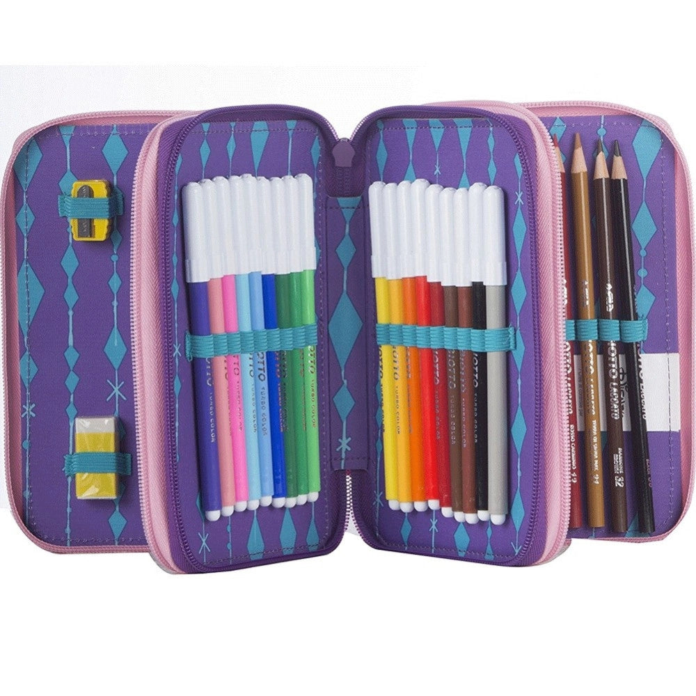 Trade Shop - Astuccio Completo 3 Zip Frozen Elsa Anna Accessoriato Bambine Scuola -