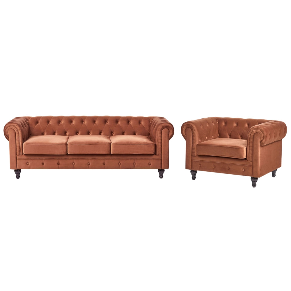 Set soggiorno Chesterfield Rivestimento in velluto marrone dorato Gambe nere Divano a 3 posti + poltrona