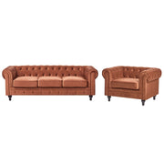 Set soggiorno Chesterfield Rivestimento in velluto marrone dorato Gambe nere Divano a 3 posti + poltrona
