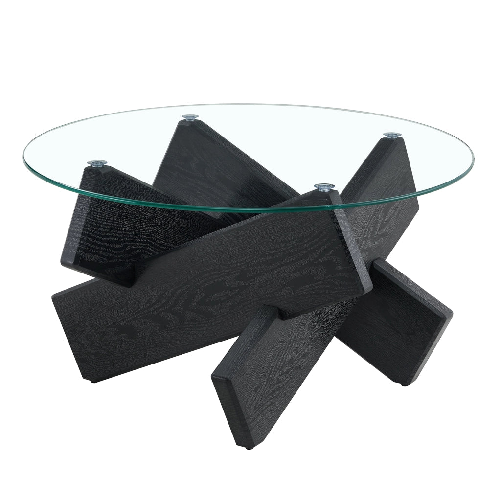 Tavolino da caffè rotondo in MDF e vetro 79 cm, nero e trasparente, con base a croce