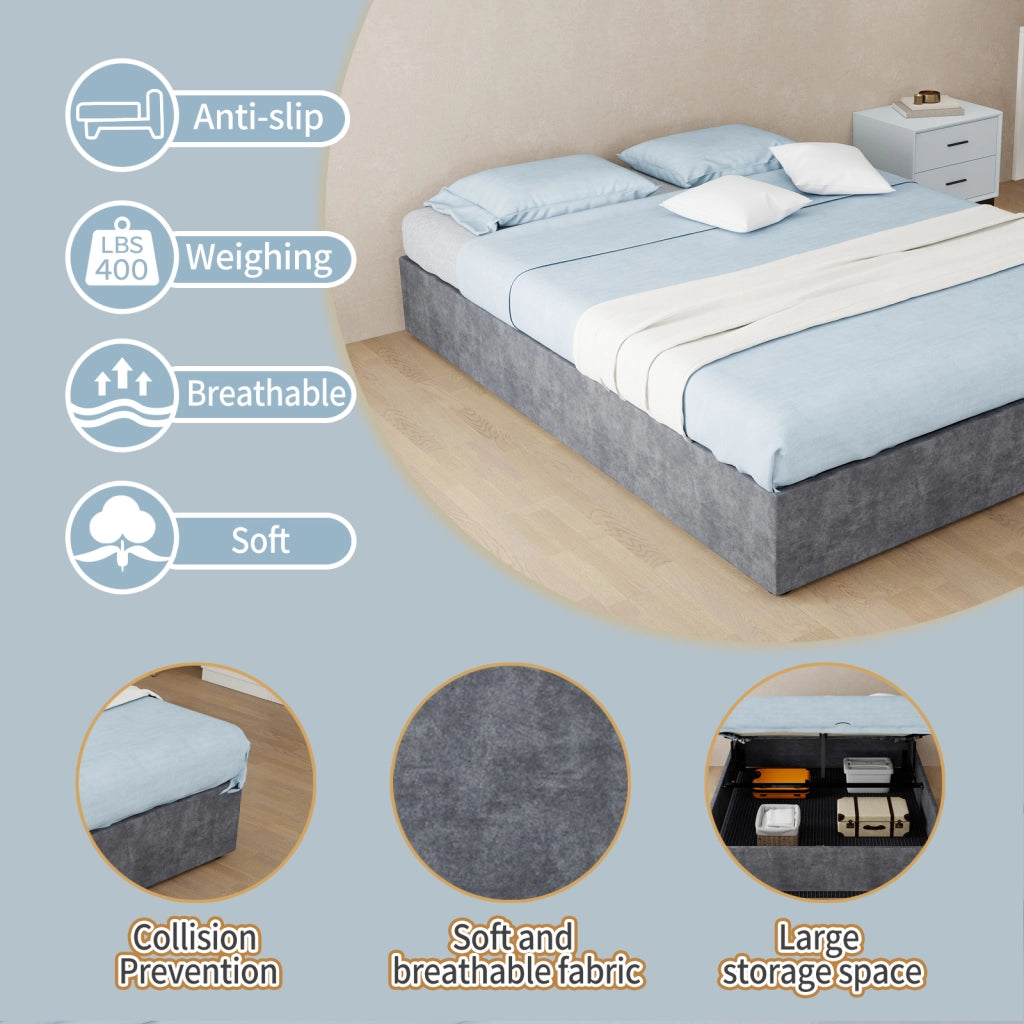DESMIU Lit contenitore 140 × 200 cm 2 posti con LED e schienale regolabile, senza materasso, in tessuto, grigio