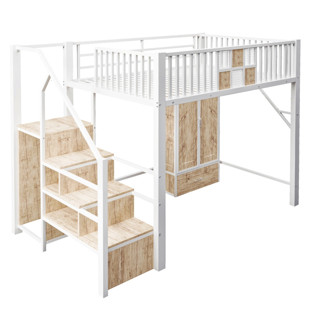 Letto a soppalco 140x200 cm con armadio, cassetto e scala contenitore