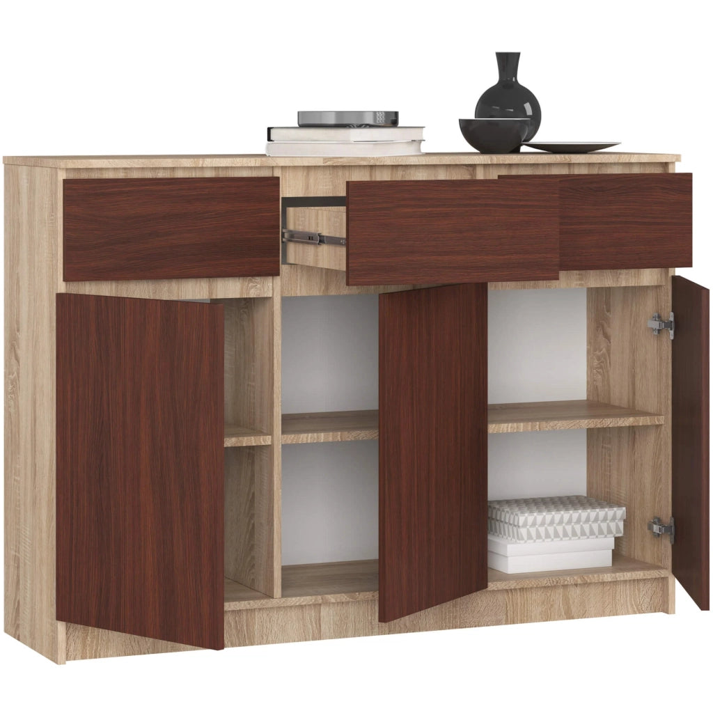 Cassettiera AKORD K140 Sonoma Quercia 138 cm 3 ante 3 cassetti inserto frontale Wengé 138x40x99 cm