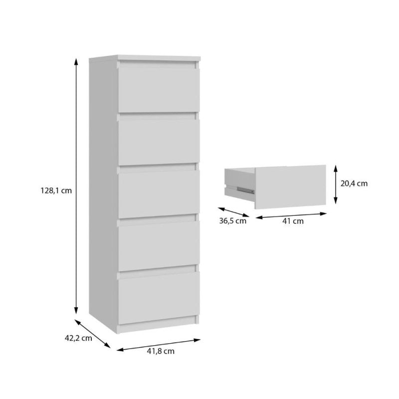 Cassettiera Morgan 5 cassetti 41.8 x 42.2 x H 128 cm. colore bianco opaco