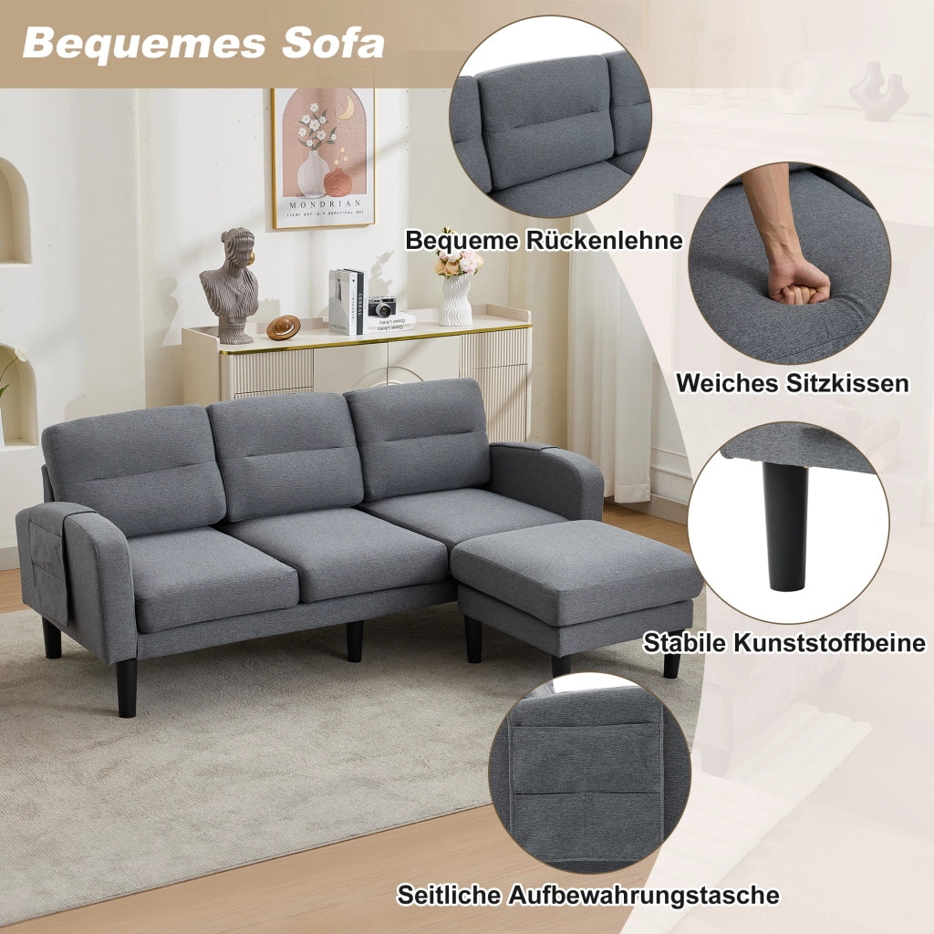 DIVANO Angolare a L 204x136x80 cm Tessuto Grigio 3 Posti con Chaise Longue