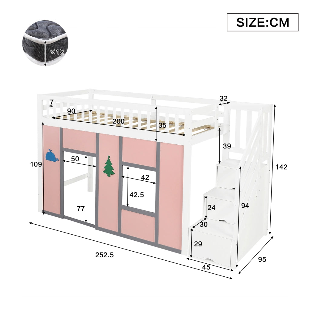 Letto a soppalco per bambini 90x200 cm bianco e rosa con scala contenitore e LED