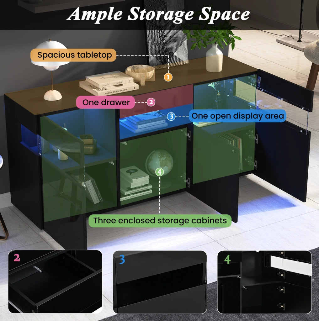 Madia da soggiorno 140 x 40;5 x 66;5 cm con 3 ante; LED controllato da app; nero lucido