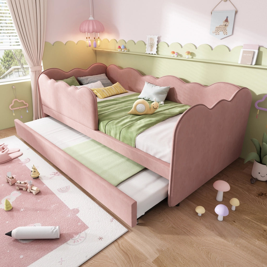 Letto Estraibile 90 x 190 cm; Letto Singolo - con Letto Estraibile - in Velluto - Rosa