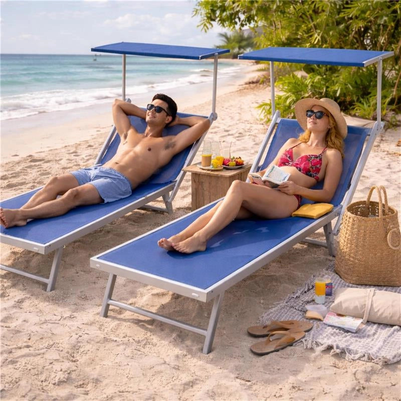 LETTINO STABILIMENTO RIMINI PRENDISOLE IN ALLUMINIIO CON PARASOLE PIEGHEVOLE 61X183/189X38H CM, COLORE BLU