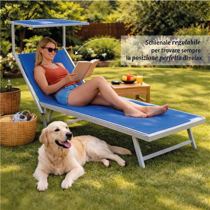 LETTINO STABILIMENTO RIMINI PRENDISOLE IN ALLUMINIIO CON PARASOLE PIEGHEVOLE 61X183/189X38H CM, COLORE BLU