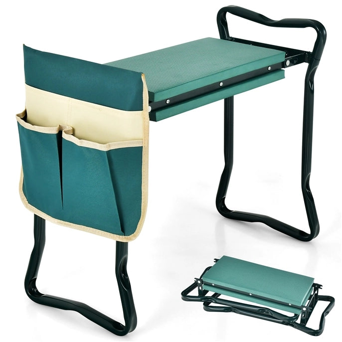 Sedile da giardino 2-in-1 portatile e pieghevole, Panchina per uso intensivo con grande borsa per attrezzi-Attrezzi da giardino