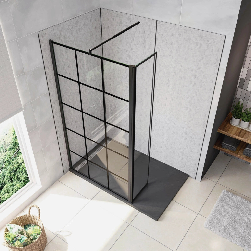 Box Doccia Parete Fissa 100x200cm con Paraspruzzo 30cm Vetro 8 mm Temperato Anticalcare Serigrafia Riquadri Neri Barra Stabilizzatrice Regolabile 70-120 cm