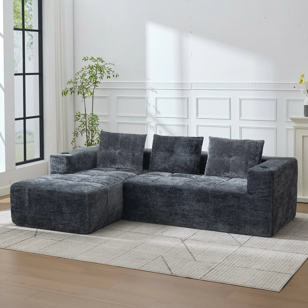 Divano ad angolo 4 e 5 posti con portabicchieri, in Chenille Grigio