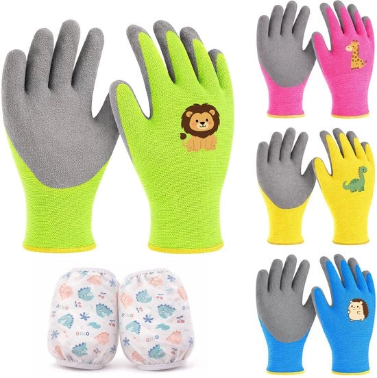 Manopole per giardinaggio set da 4 - Manopole antiscivolo per lavoro - Protezione per il polso - Per bambini 8-10 anni - Disegni di animali - Manopole in gomma rinforzata
