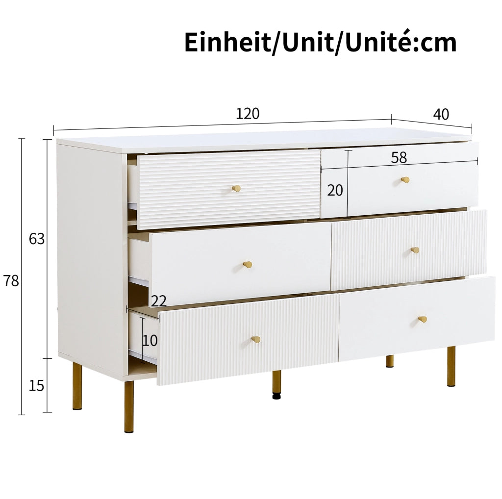 Cassettiera moderna a 6 cassetti 120x40x78 cm in MDF bianco con maniglie in lega di zinco