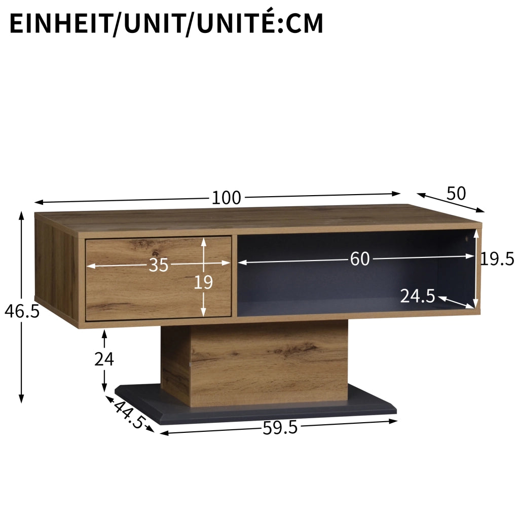 Tavolino da salotto con contenitore su due lati, vano interno, per soggiorno, in truciolare, rovere e grigio, 100 × 50 × 46,5 cm