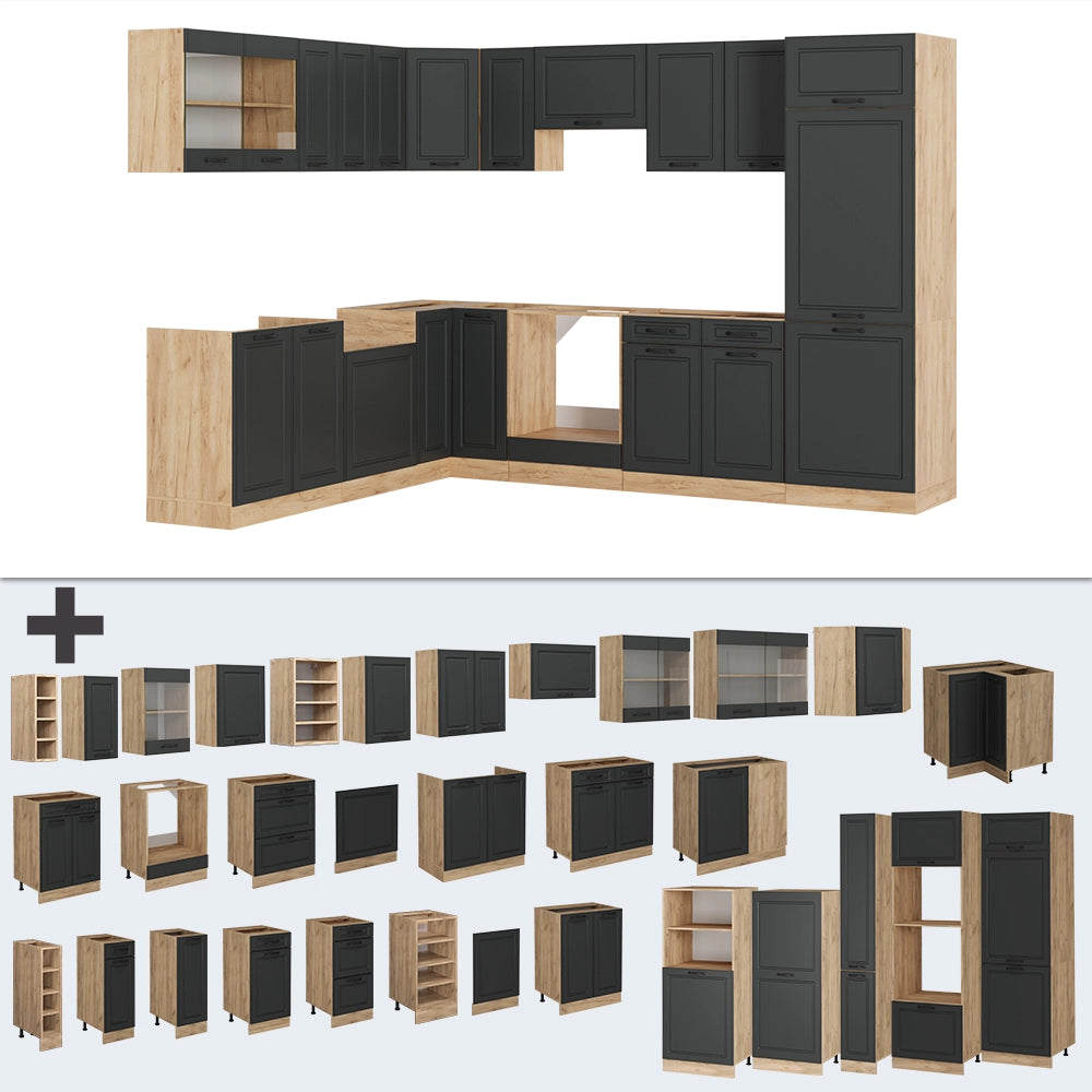 Cucina angolare completa R-Line Antracite rustico/Rovere dorato 287 x 227 cm, PL Marmo Vicco