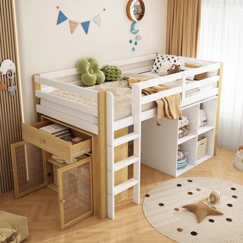DESMIU Letto a Soppalco Singolo con 2 Armadi Contenitore e Scala, 90 × 200 cm, senza materasso, Naturale e Bianco