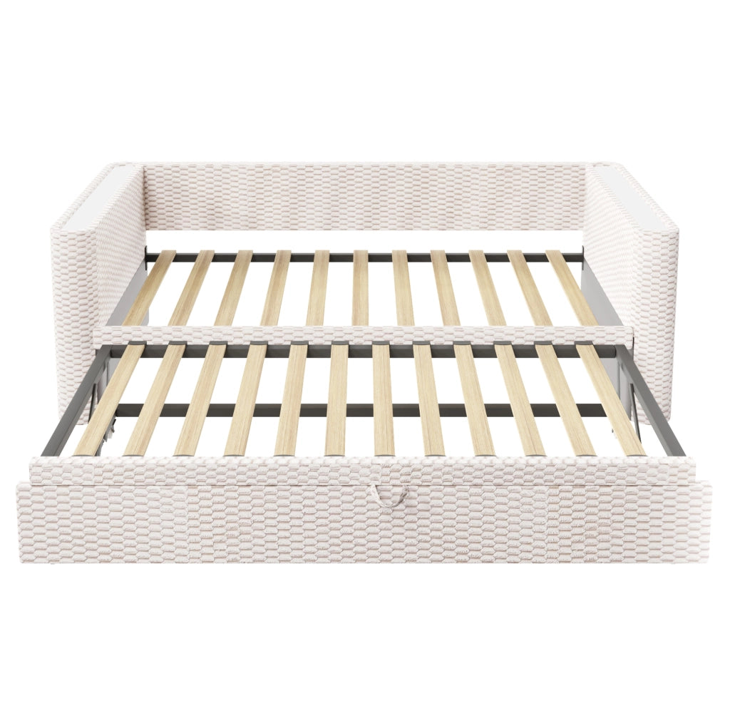 Letto multifunzione estraibile in velluto beige con LED e rete a doghe