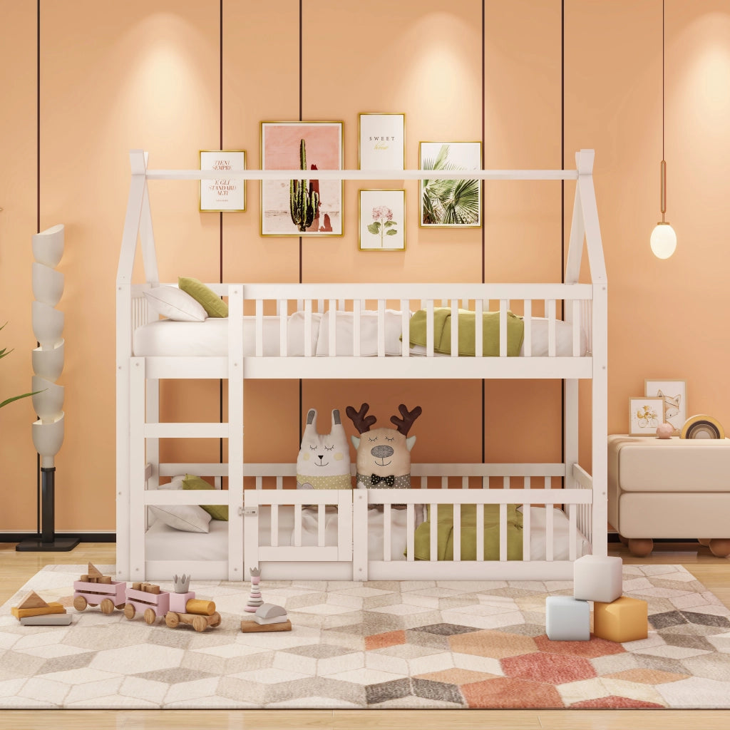 Letto a castello per bambini - Zephmum- 90x200, design loft, struttura in legno massello, bianco