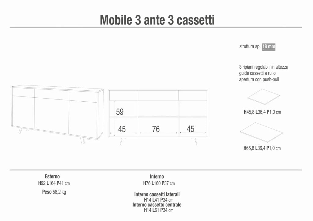 Mobile Soggiorno 3 Ante 3 Cassetti 164x41 h92cm Ossido Bianco Rovere Dogato