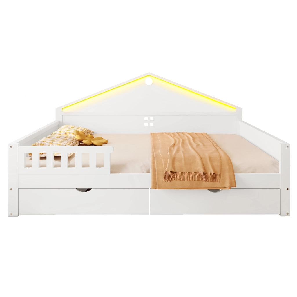 Letto singolo 140×200 cm con 2 cassetti; barra LED; senza materasso; in legno massello e MDF; bianco
