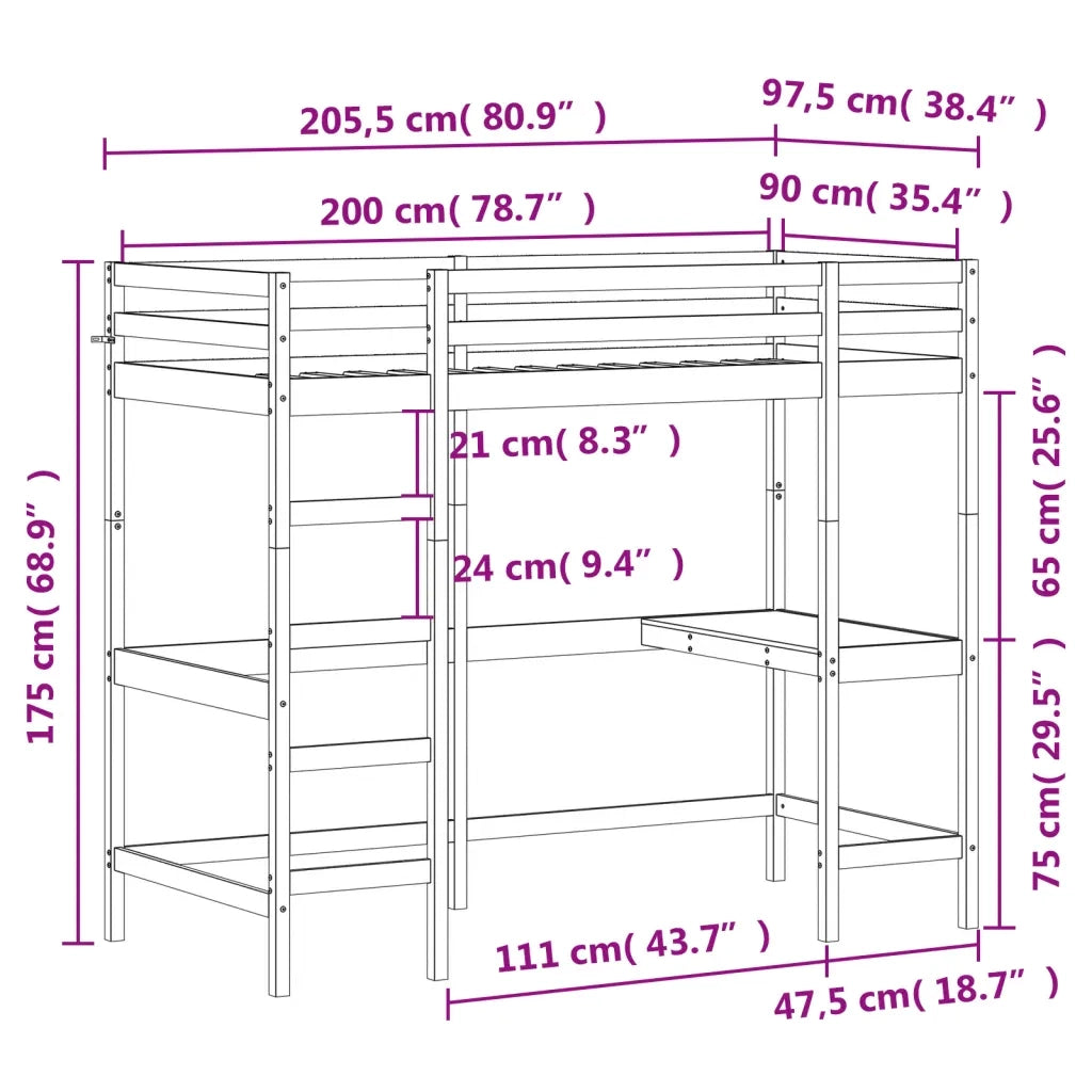 Letto singolo | Letto per adulti | Letto Soppalco con Scrivania Bianco 90x200 cm Massello Pino