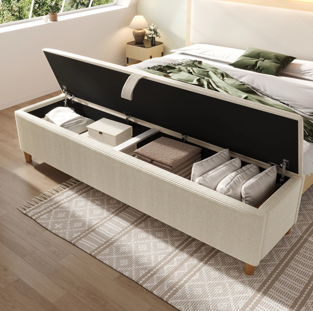 Panca contenitore da letto 165 x 38 x 46 cm in tessuto effetto corda beige con struttura in legno