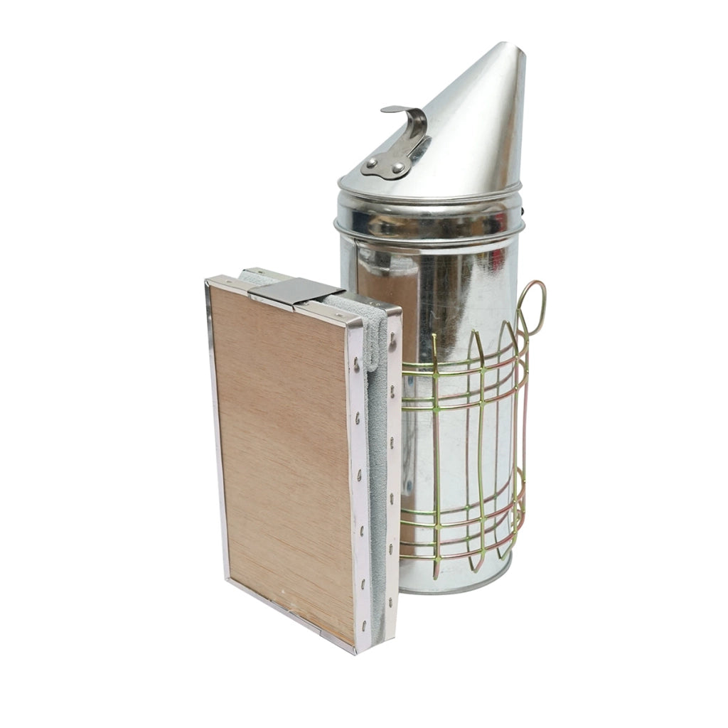 Affumicatore per api in acciaio galvanizzato con cilindro, scudo termico e soffietto in pelle, 230 mm