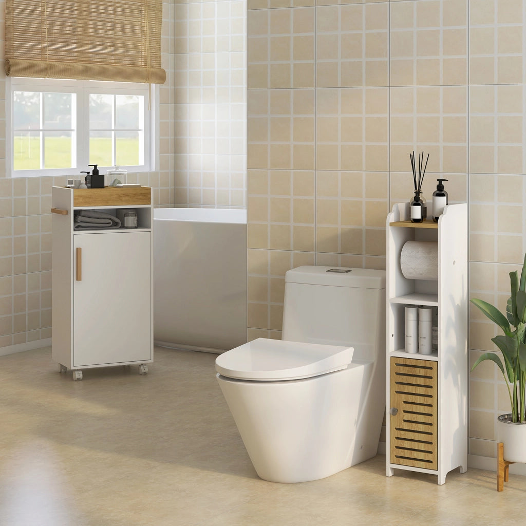 Mobiletto Bagno con Vassoio, Ripiano e Armadietto ¨C Minimal ¨C Truciolato, 40x30x88 cm, Bianco